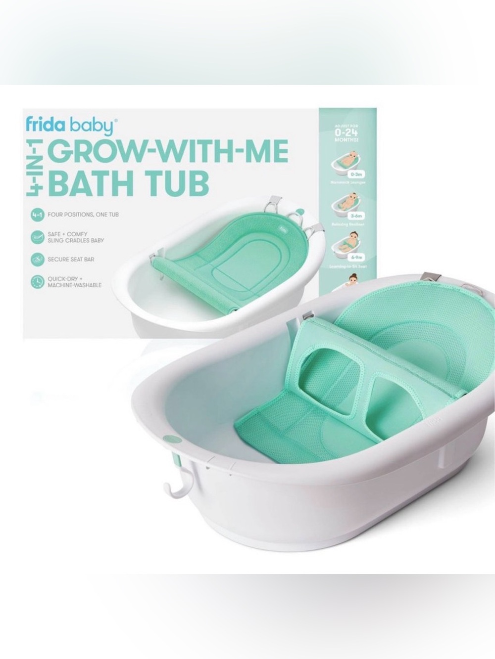 NIB - 4 in 1 frida baby Grow-With-Me Baby Bath Tub in Mint with Support Sling